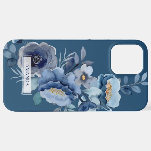 Navy Flowers | Blauwe persoonlijke naam iPhone Hoesje (Achterkant horizontaal)