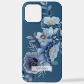 Navy Flowers | Blauwe persoonlijke naam iPhone Hoesje (Achterkant)
