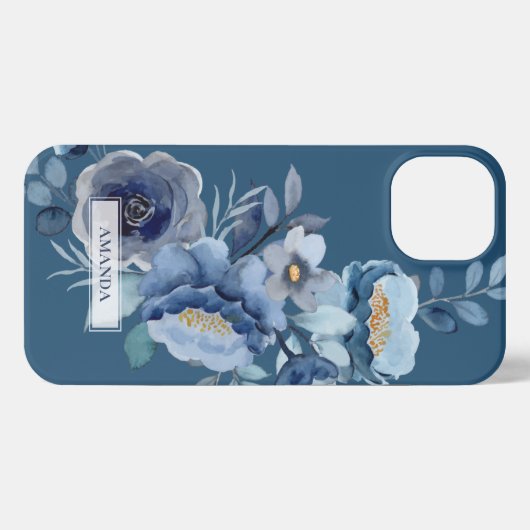 Navy Flowers | Blauwe persoonlijke naam iPhone Hoesje (Achterkant horizontaal)