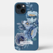 Navy Flowers | Blauwe persoonlijke naam iPhone Hoesje (Achterkant)