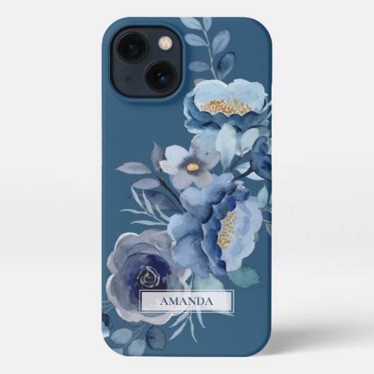 Navy Flowers | Blauwe persoonlijke naam iPhone Hoesje (Achterkant)