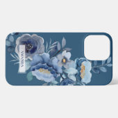 Navy Flowers | Blauwe persoonlijke naam iPhone Hoesje (Achterkant horizontaal)