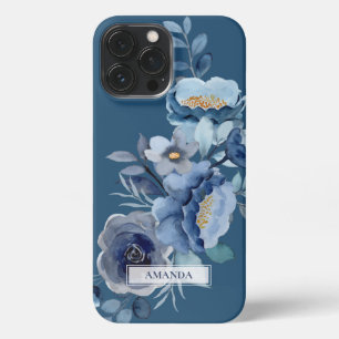 Navy Flowers   Blauwe persoonlijke naam iPhone 13 Pro Max Hoesje