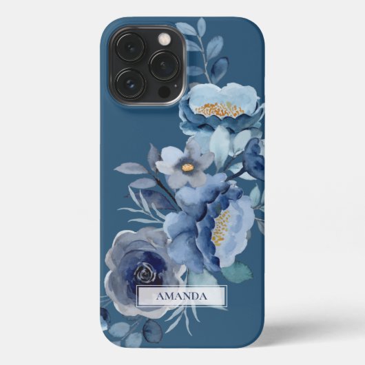 Navy Flowers | Blauwe persoonlijke naam iPhone Hoesje (Achterkant)