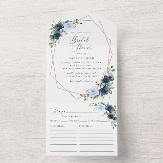 Navy Flowers, Blue Flowers, Boho, Vrijgezellenfees All In One Uitnodiging (Binnen)