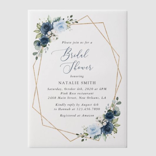 Navy Flowers, Blue Flowers, Boho, Vrijgezellenfees Vellum Uitnodigingen (Voorkant)