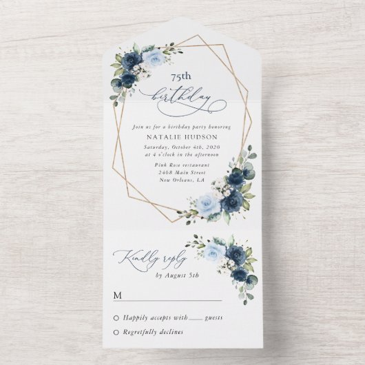 Navy Flowers, Blue Flowers, Greenery, Birthday All In One Uitnodiging (Binnen)