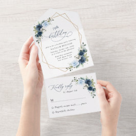 Navy Flowers, Blue Flowers, Greenery, Birthday All In One Uitnodiging