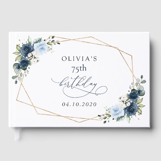 Navy Flowers, Blue Flowers, Greenery, Birthday Gastenboek (Voorkant)