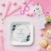 Navy Flowers, Blue Flowers, Greenery, Birthday Papieren Bordje (Feest)