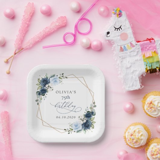 Navy Flowers, Blue Flowers, Greenery, Birthday Papieren Bordje (Feest)