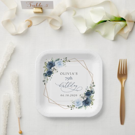 Navy Flowers, Blue Flowers, Greenery, Birthday Papieren Bordje (Huwelijk)