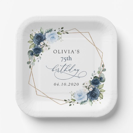 Navy Flowers, Blue Flowers, Greenery, Birthday Papieren Bordje (Voorkant)