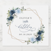 Navy Flowers, Blue Flowers, Greenery, Birthday Sparkling Wijnetiket (Enkel label)