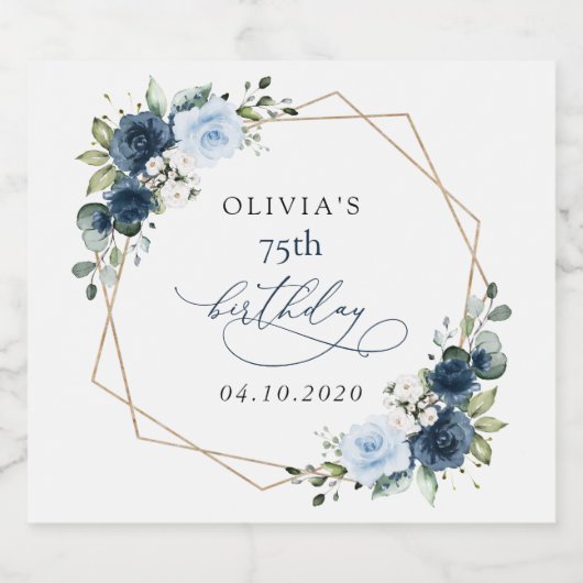 Navy Flowers, Blue Flowers, Greenery, Birthday Sparkling Wijnetiket (Enkel label)