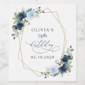 Navy Flowers, Blue Flowers, Greenery, Birthday Wijn Etiket (Enkel label)