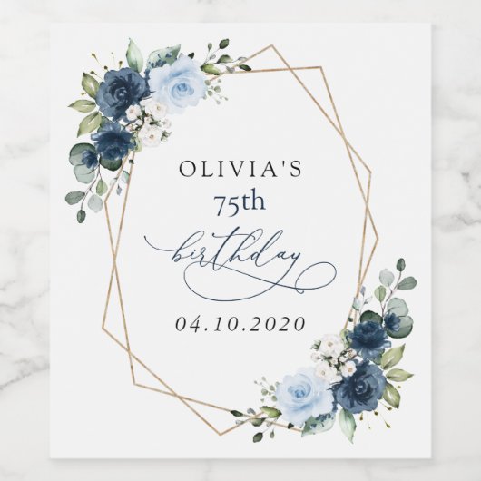 Navy Flowers, Blue Flowers, Greenery, Birthday Wijn Etiket (Enkel label)