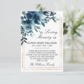 Navy Flowers & Gold Sympathie Memory Hartelijk dan Bedankkaart (Staand voorkant)