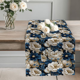 Navy Flowers Ivory Dining Table Runner Lange Tafelloper