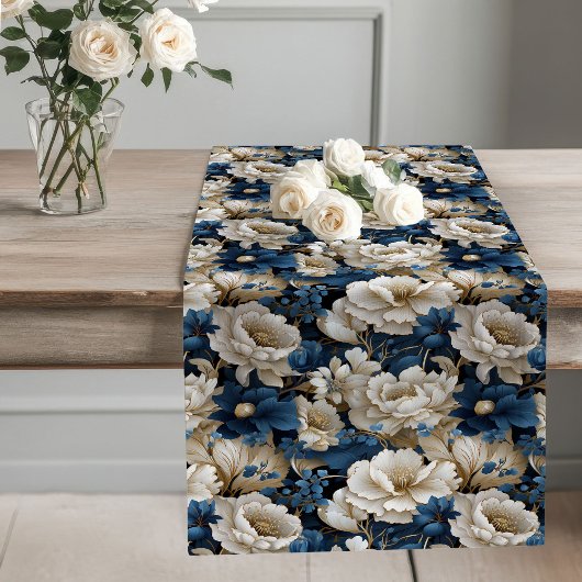 Navy Flowers Ivory Dining Table Runner Lange Tafelloper