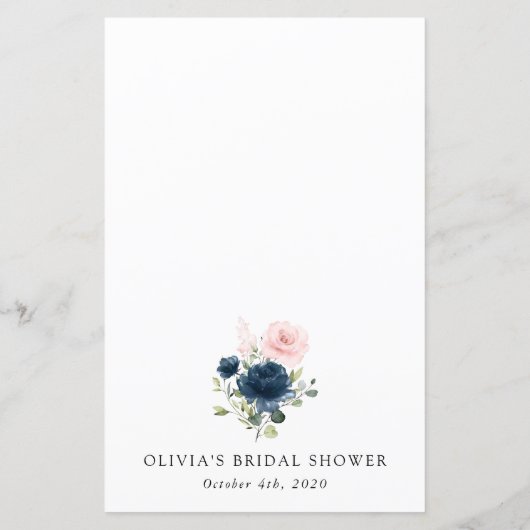 Navy Flowers, roze bloemen, menu Vrijgezellenfeest (Achterkant)