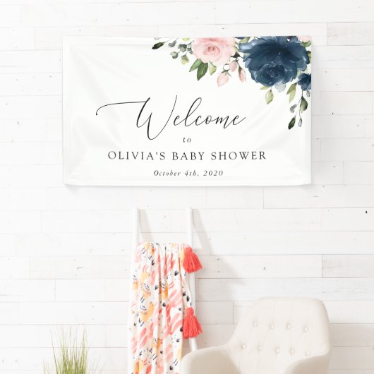 Navy Flowers, Roze Flowers, Baby shower Welcome Spandoek (Insitu)