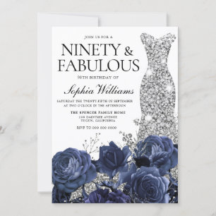 Navy Flowers & Silver Diamond Dress 90th Birthday Kaart