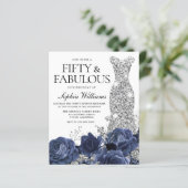 Navy Flowers Silver Dress 50th Birthday Invitation (Staand voorkant)