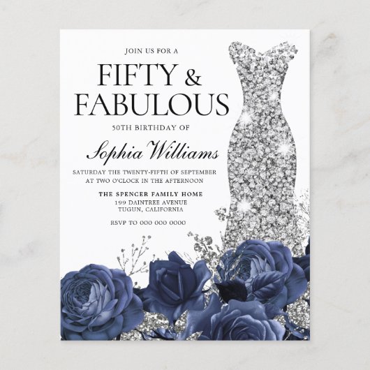 Navy Flowers Silver Dress 50th Birthday Invitation (Voorkant)