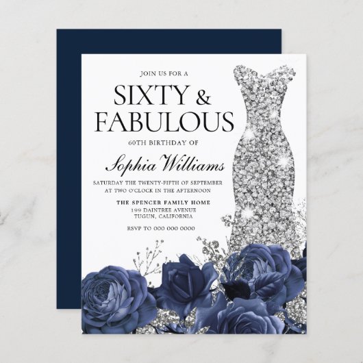 Navy Flowers Silver Dress 60th Birthday Invitation (Voorkant / Achterkant)