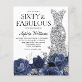 Navy Flowers Silver Dress 60th Birthday Invitation (Voorkant)