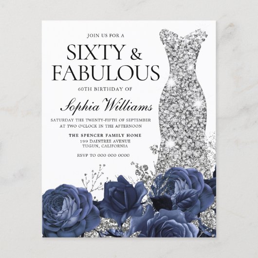 Navy Flowers Silver Dress 60th Birthday Invitation (Voorkant)