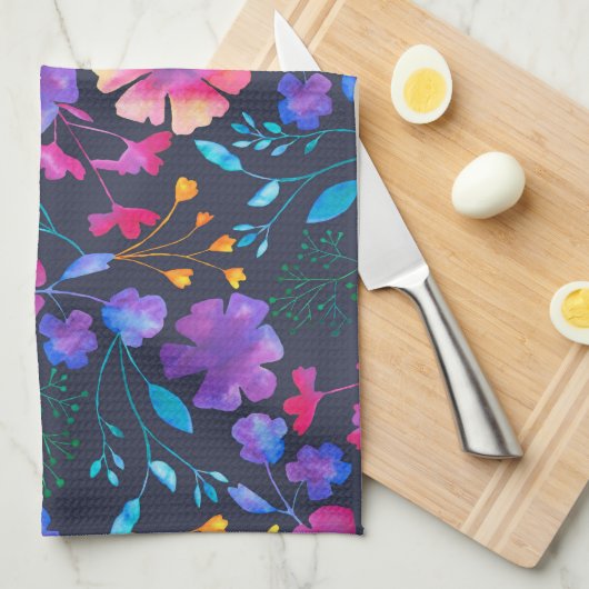 Navy Fluro Floral Botanical Kitchen Tea Towel Theedoek (Quarter Fold)