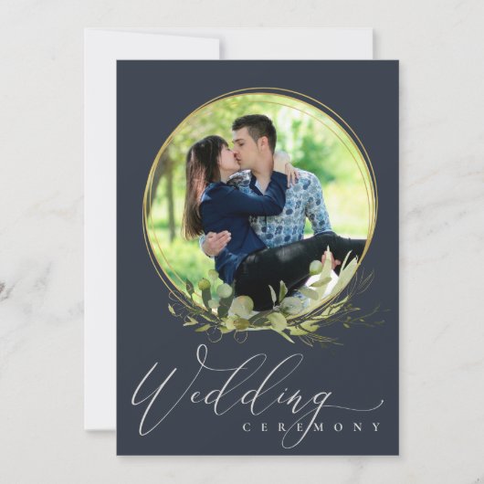 NAVY FOLIAGE WATERVERF FOTO OVERLAY WEDDING KAART (Voorkant)