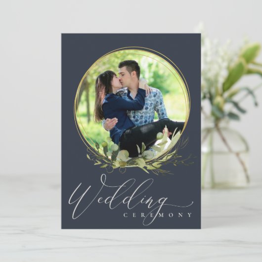 NAVY FOLIAGE WATERVERF FOTO OVERLAY WEDDING KAART (Staand voorkant)