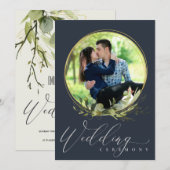 NAVY FOLIAGE WATERVERF FOTO OVERLAY WEDDING KAART (Voorkant / Achterkant)