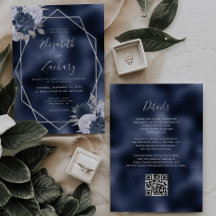 Navy Folie Dusty Blue Silver Floral QR Code Weddin