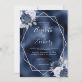 Navy Folie Dusty Blue Silver Floral QR Code Weddin Kaart (Voorkant)