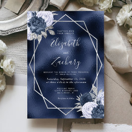 Navy Folie Dusty Blue Silver Floral Wedding Kaart