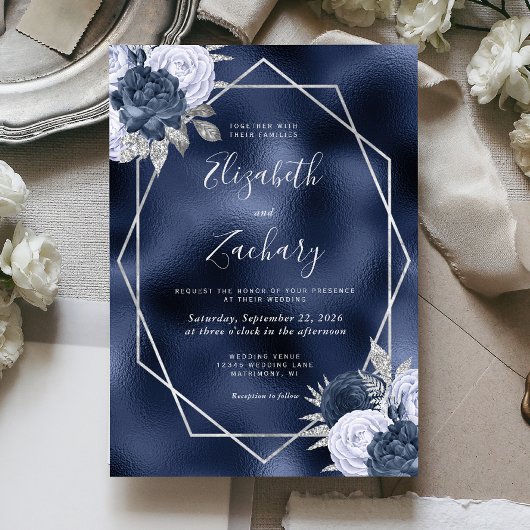 Navy Folie Dusty Blue Silver Floral Wedding Kaart