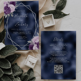 Navy Folie Lila Zilveren Bloemen QR Code Huwelijk Kaart