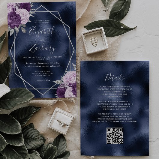 Navy Folie Lila Zilveren Bloemen QR Code Huwelijk Kaart