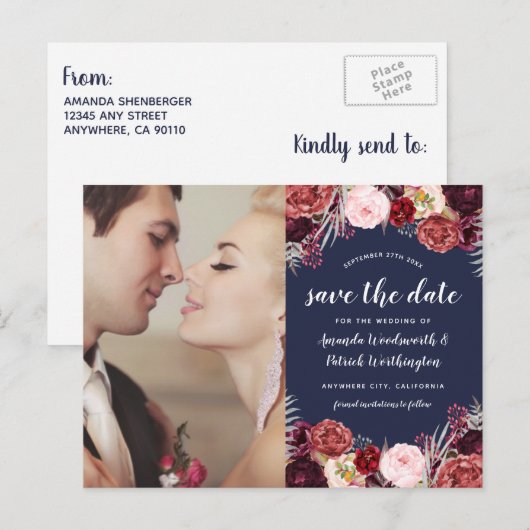 Navy foto Marsala Blush Peony Save The Date Cards Aankondigingskaart (Voorkant / Achterkant)