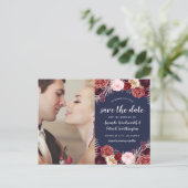 Navy foto Marsala Blush Peony Save The Date Cards Aankondigingskaart (Staand voorkant)