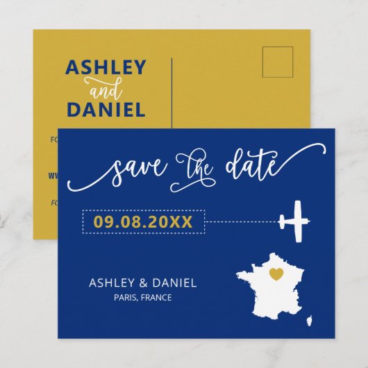 Navy France Wedding Save the Date Map Briefkaart (Voorkant / Achterkant)
