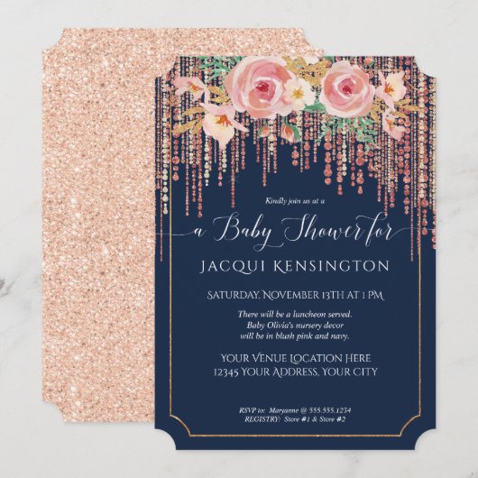 Navy Fringe Roos Gold Blush Pink Floral Shower Kaart (Voorkant / Achterkant)
