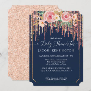 Navy Fringe Roos Gold Blush Pink Floral Shower Kaart