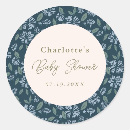 Navy Frost Bloom Floral Baby shower Custom Ronde Sticker (Voorkant)