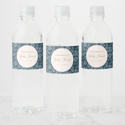 Navy Frost Bloom Floral Baby shower Custom Waterfles Etiket (Flessen)