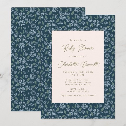 Navy Frost Bloom Floral Baby shower Kaart (Voorkant / Achterkant)